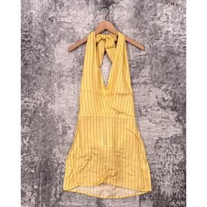 New LAAGAM Dress Small Womens Yellow Linen Striped Halter Tie Mini